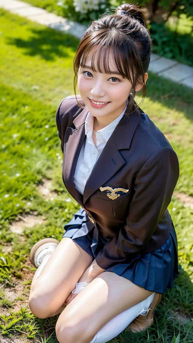 high detail、high quality、8K Photo、Anatomically perfect body、Japanese high school girls、One beautiful girl、smile、In uniform、(Brown blazer、Blue checked pleated skirt、Navy blue knee socks、Brown Loafers、ponytail、Double eyelids、White panties)、(Sitting on the grass、Raise your knees and sit with your buttocks on the ground1.5)、((Between the legs in detail、Thighs、between legs、the hem of the skirt rises、Absolutely front angle 1.5、Face the photographer、Angle from the ground1.5))