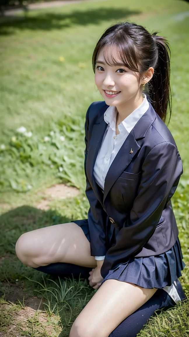 high detail、high quality、8K Photo、Anatomically perfect body、Japanese high school girls、One beautiful girl、smile、In uniform、(Brown blazer、Blue checked pleated skirt、Navy blue knee socks、Brown Loafers、ponytail、Double eyelids、White panties)、(Sitting on the grass、Raise your knees and sit with your buttocks on the ground1.5)、((Between the legs in detail、Thighs、between legs、the hem of the skirt rises、Absolutely front angle 1.5、Face the photographer、Angle from the ground1.5))