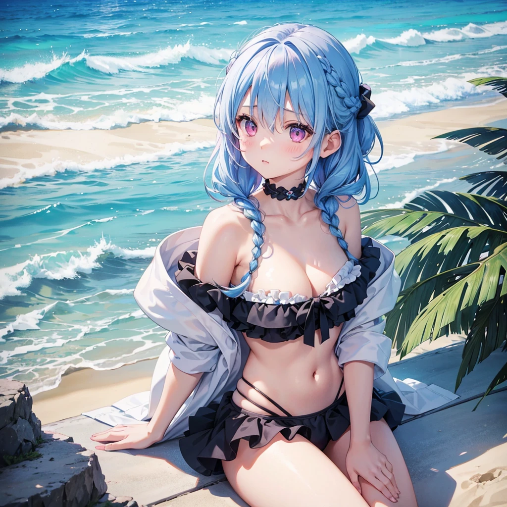 (Sky blue medium hair),(Braided hair tied together)、Pink eyes、Fair skin、(whole body)、(One Girl)、Black frilly swimsuit、Stylish sunglasses、Shining white sand beach in midsummer、Okinawa's ocean、A big smile、、(masterpiece、Highest quality、Very detailed、Best Shadow)、(Detailed Background)、(Beautifully detailed face)、High contrast、(Best lighting、Very delicate and beautiful)、((Cinematic Light))、colorful、Hyper Detail、Dramatic Light、Exquisite detail、Standing with your legs apart
