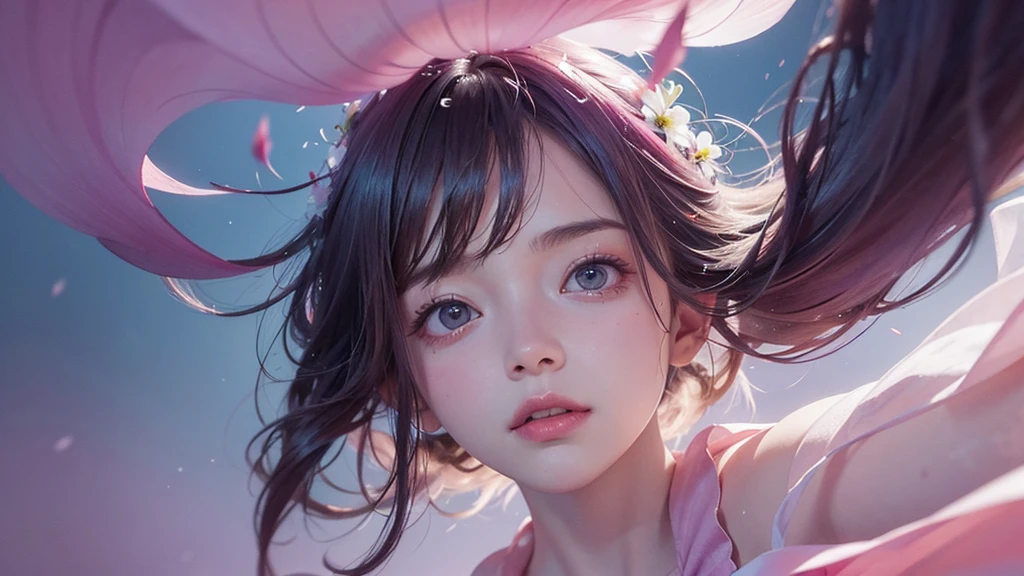 One girl,flower, Lisianthus ,Pale pinkと淡い青のスタイル, A dreamy, romantic piece, Pale pink, Mysterious Leaves, A playful arrangement,Fantasy, High Contrast, Ink strokes, explosion, Exposure, Impression of purple and red tones , Abstract, ((Watercolours by John Berkey and Jeremy Mann )) Brush strokes, Negative Space,