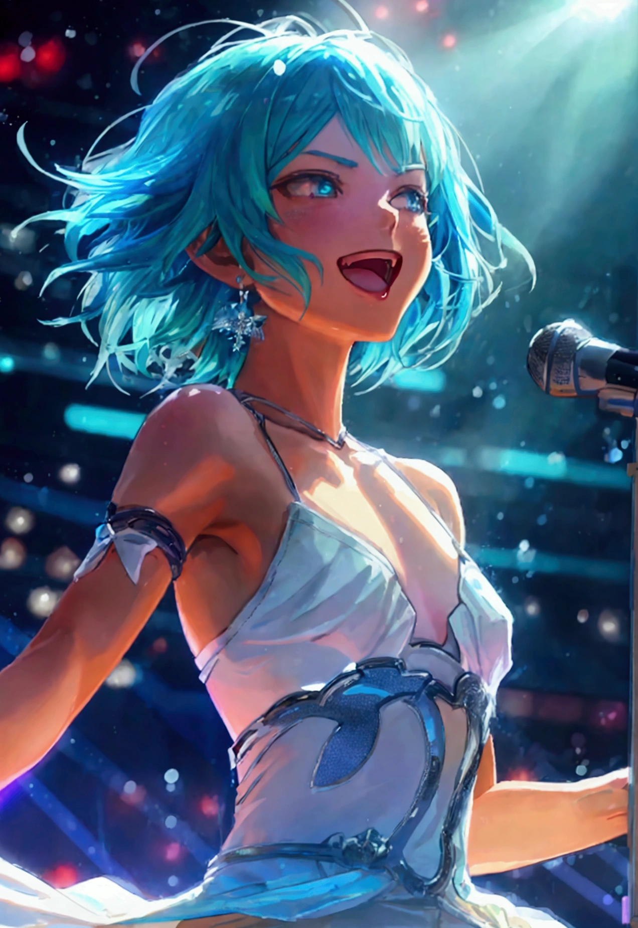 1 girl, anime woman with blue-green hair, arena, live music venue, singing, holding microphone, jumping, break anime style, anime style, young anime woman, smiling, semi short hair, digital anime illustration, bangs, crystal hair, shiny hair, break white dress, snowflake earrings, serious, shining, reflective light, ((flat chest)), ((flat chest))