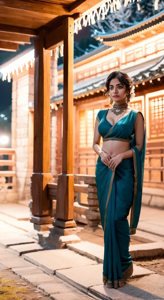 Beautiful indian woman posing, straight photoshoot pose, full body portrait, moonlit night, night time, winter, walking on forest path, detailed face, cute, big eyes, iconic, photorealistic, mountain temple, detailed background, big breasts, sexy thin saree, long wavy hair, cleavage, symmetric face, masterpiece, 8k, ultra realistic