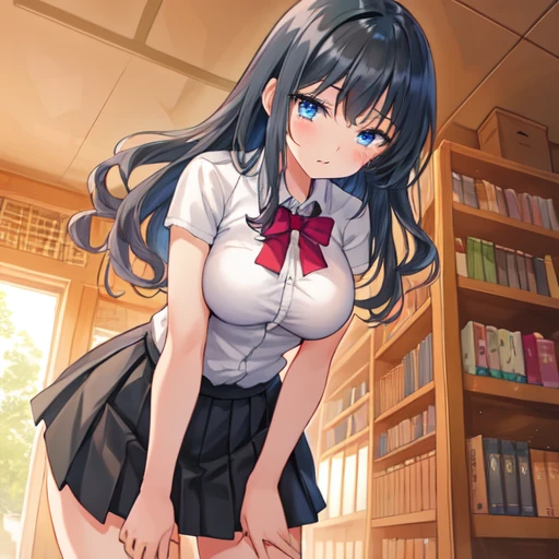 Beautiful illustrations,Highest quality,pretty girl,Are crying,Arms crossed,Inward Curling Hair Black 1;4,From below,{{Beautiful big breasts 1:4}},library,Bookshelf in the back,{{high school girl}},Black pleated skirt,From below,{{Beautiful big breasts 1:4}},Brush,High Quality Backgrounds,Slanted Eyes,Detail of wrinkles on shirt chest,{{{high school girl}}},break,{{Beautiful blue eyes 1:4}},break,Five Fingers、Long black hair、Big Breasts