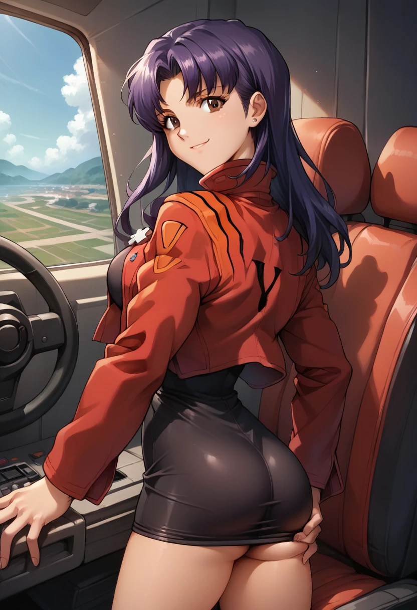 score_7, score_8_up, score_7_up, source_anime, 1girl, solo, looking at viewer, EPngeKatsuragiMisato, purple hair, brown eyes, long hair, smile, detailed background, cowboy shot, long sleeves, dress, jewelry, medium breasts, jacket, :d, thighs, open clothes, necklace, black dress, open jacket, v, short dress, cross, red jacket, cropped jacket, w, cross necklace, cockpit, ass focus, ass grabbing in aggressive way, hands on ass