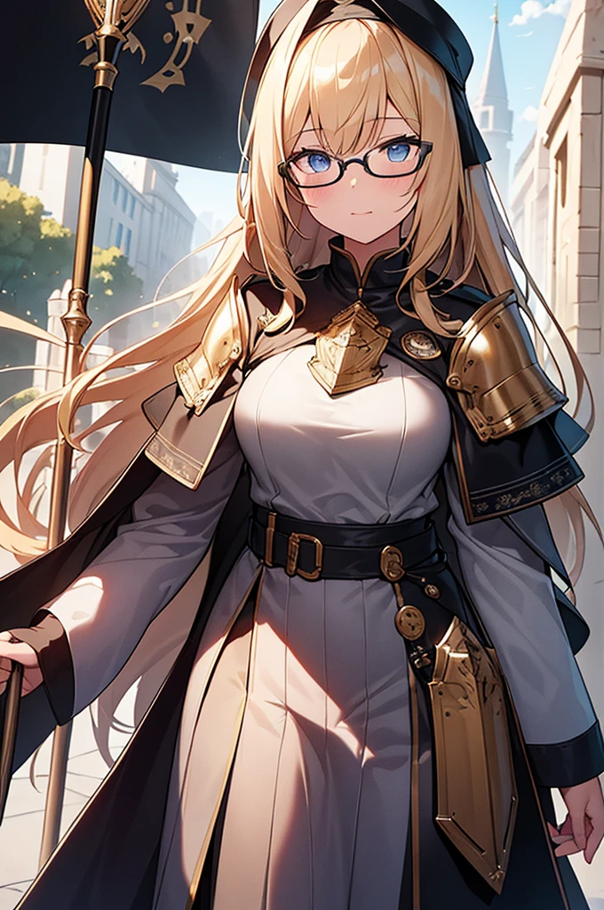 best quality, Masterpiece, Highly detailed, symmetrical eyes., girl, พื้นหลังที่Highly detailed, is gaining popularity (art station:1.46), movie light, studio quality, 8k resolution, long yellow hair,Wear glasses,Joan of Arc,Put on knight armor,holding a flag,strong