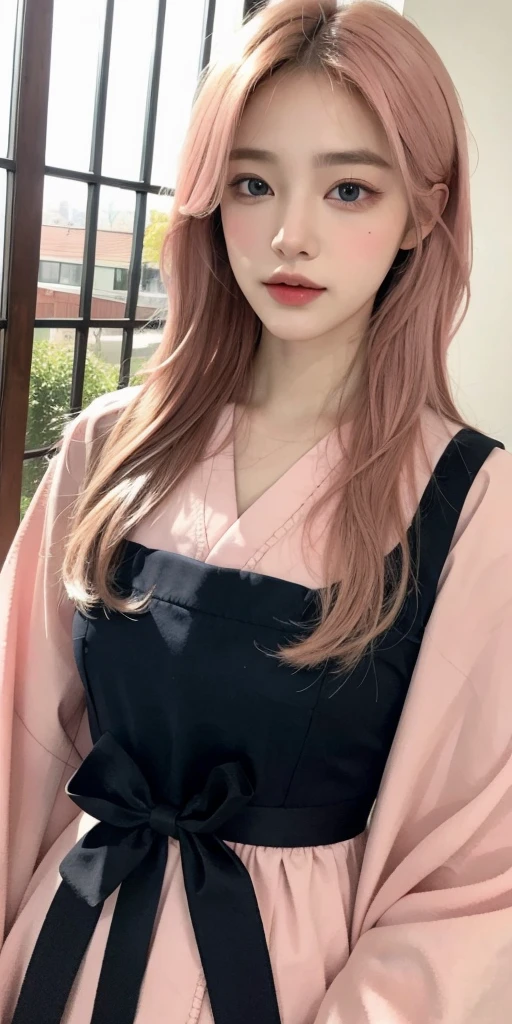 (finely detailed beautiful eyes and detailed face,masterpiece sidelighting,masterpiece,best quality,detailed,high resolution illustration),, (1girl,whole body,bishoujo,rous skin,looking down,looking at viewer),, (pink hair,blue eyes,ribbon,hanbok, korean clothes), (clothed_underbust:1.2),underboob,