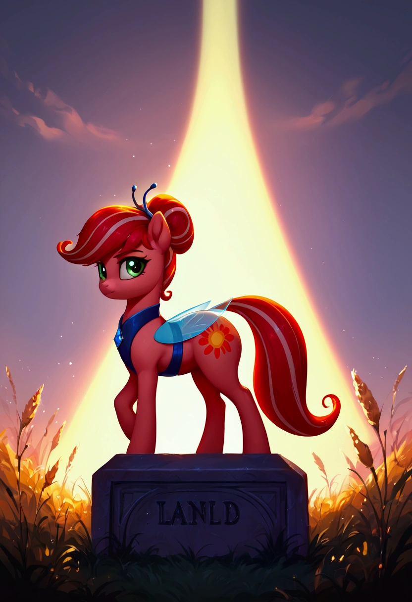 score_9,score_8_up,score_7_up,score_6_up, ((my little pony)), radiant lighting, vibrant colors, whimsical atmosphere, 8K, high resolution, highly detailed, masterpiece, (stern look), big butt, on the tombstone, ((pony body)), (((Marinette from Lady Bug:1.1)))