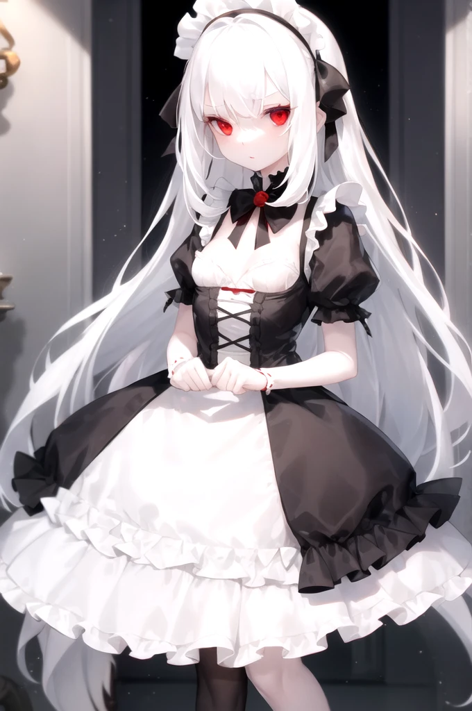 1girl, white hair, red eyes, straight hair, short, , small breasts, maid dress, ruffled dress, pale skin