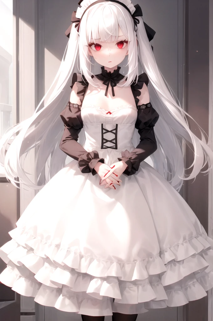 1girl, white hair, red eyes, straight hair, short, , small breasts, maid dress, ruffled dress, pale skin