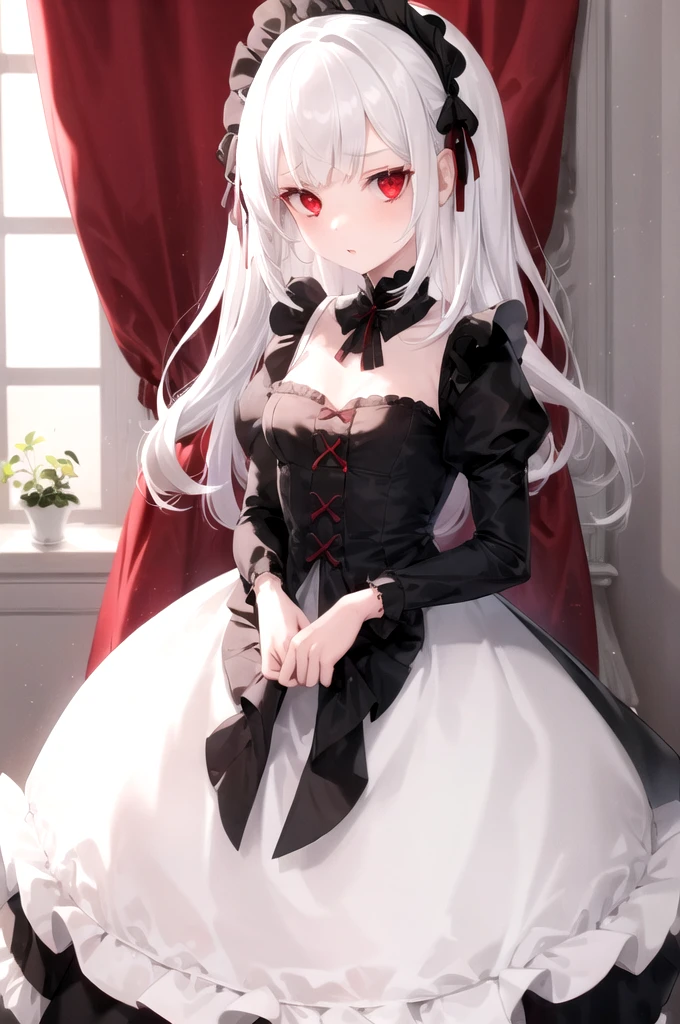 1girl, white hair, red eyes, straight hair, short, , small breasts, maid dress, ruffled dress, pale skin