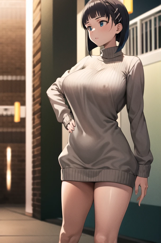 masterpiece, Highest quality, High resolution, Prostitute、Age 25、White Short Hair, Hair Clip, Large Breasts, Swollen nipples、Sweater dress, No sleeve, night, street, Are standing, 