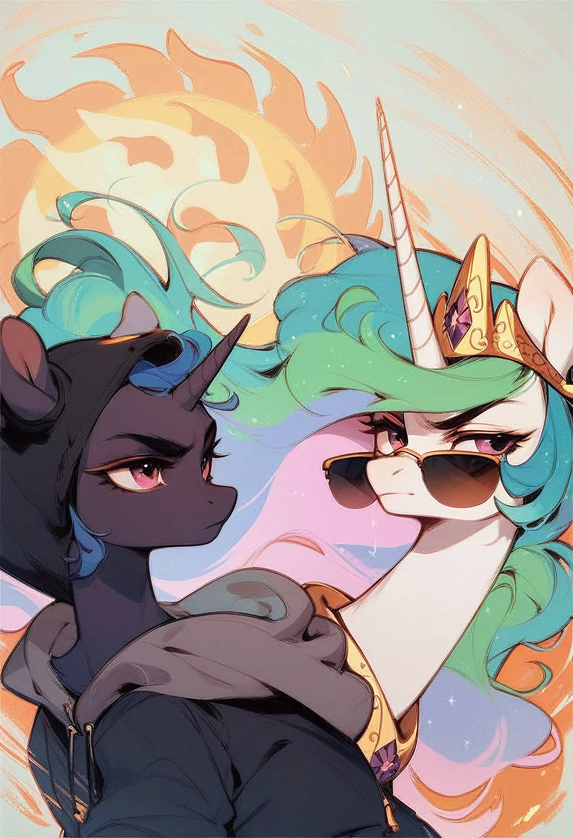 check_9, check_8_up, check_7_up, check_6_up, Serious female unicorn alicorn, Princess Celestia from my little pony, shown wearing a dark hoodie and tinted sunglasses, glowing in the sun.. Celestia's mane flows in a pastel-colored wavy pattern.., with shades of blue, Green, and pink merge into each other. She is looking at something off-screen with a dissatisfied expression on her face... The setting is an urban environment with multi-story buildings., Snow on the ground, and a clear winter day. In her outstretched magical aura, on the back is a smartphone with a snowflake logo, fabulous, ultra clarity, 4K, excellent quality, high detail, close-up, bare chest, , cum on face, sex oral dick oral, The human penis, Zoophilia, cute sucks dick, sucks gently, caresses with tongue, sperm dripping from mouth, balls dick, balls shaved, big dick, juicy dick, touches eggs with hands, plays with eggs,