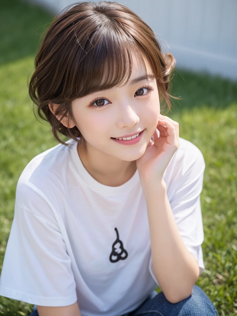 (top-quality,8K picture quality,masterpiece:1.3,),(超A high resolution:1.3,Photorealsitic:1.4,Raw photography:1.2),(ultra-detailliert:1.2,shinny skin,Detailed skin:1.1),(Detailed face,Perfect Anatomy,Caustics:1.2),On the lawn,Sleep on your back,Overhead view,,女の子1人,kawaii,japanes,22year old,Japanese ido,Natural brown hair,Curl short hair outward,Pretty eyes,natural make up,Oversized T-shirt,A smile,Looking at the camera,up on the face,Face Focus,Professional Lighting,natural soft light,