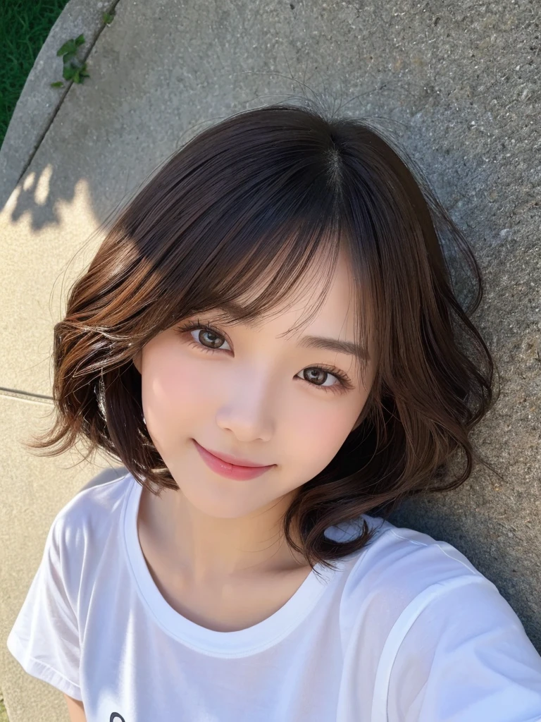 (top-quality,8K picture quality,masterpiece:1.3,),(超A high resolution:1.3,Photorealsitic:1.4,Raw photography:1.2),(ultra-detailliert:1.2,shinny skin,Detailed skin:1.1),(Detailed face,Perfect Anatomy,Caustics:1.2),On the lawn,Sleep on your back,Overhead view,,女の子1人,kawaii,japanes,22year old,Japanese ido,Natural brown hair,Curl short hair outward,Pretty eyes,natural make up,Oversized T-shirt,A smile,Looking at the camera,up on the face,Face Focus,Professional Lighting,natural soft light,