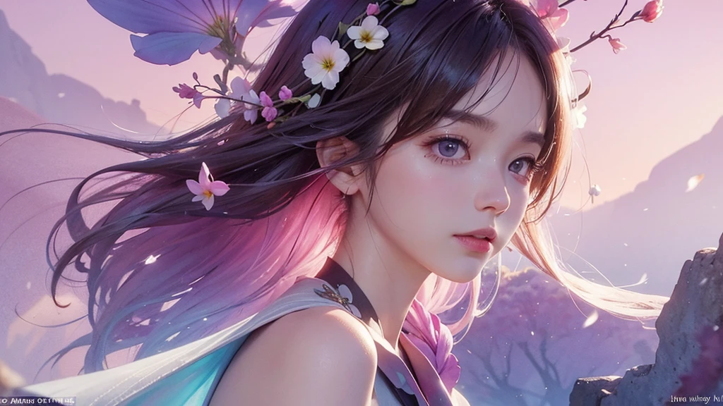 One girl,flower, Lisianthus ,Pale pinkと淡い青のスタイル, A dreamy, romantic piece, Pale pink, Mysterious Leaves, A playful arrangement,Fantasy, High Contrast, Ink strokes, explosion, Exposure, Impression of purple and red tones , Abstract, ((Watercolours by John Berkey and Jeremy Mann )) Brush strokes, Negative Space,