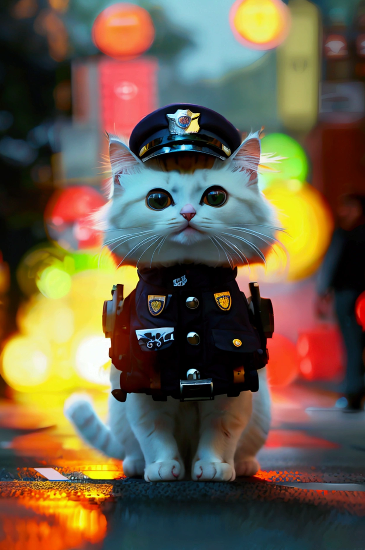 ((Cat))、((Ragdoll))、((Bipedal))、Directing traffic at the intersection、Wearing a police uniform、((live-action))、((Full body photo))、
