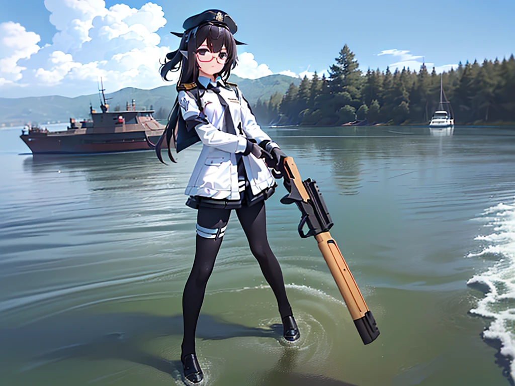 (((masterpiece, Vision))), ((((Full body of a woman with perfect flat chest、1 Female、solo、Short unkempt black hair、Tie your messy hair at the nape of your neck、white military jacket、Miko costume、black tights、Black glasses are black、White military cap、Cloudy black eyes、Confused eyes、Junyo-inspired emblem)))), (((Shipgirl))), ((Floating on the morning sea with both feet)), (Standing with your legs apart)), Aim, (Hold the shotgun turret grip with your right hand), (Four mechanical tentacles covered in white armor extend from its back.), (Holding a shotgun with metal tentacles), (Equipped with a bridge on the back), (His left arm holds the grip of a triple-barreled shotgun),