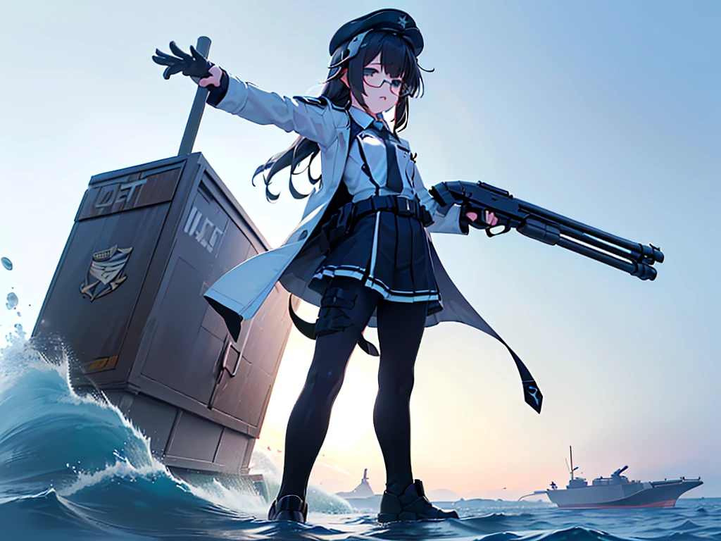 (((masterpiece, Vision))), ((((Full body of a woman with perfect flat chest、1 Female、solo、Short unkempt black hair、Tie your messy hair at the nape of your neck、white military jacket、Miko costume、black tights、Black glasses are black、White military cap、Cloudy black eyes、Confused eyes、Junyo-inspired emblem)))), (((Shipgirl))), ((Floating on the morning sea with both feet)), (Standing with your legs apart)), Aim, (Hold the shotgun turret grip with your right hand), (Four mechanical tentacles covered in white armor extend from its back.), (Holding a shotgun with metal tentacles), (Equipped with a bridge on the back), (His left arm holds the grip of a triple-barreled shotgun),