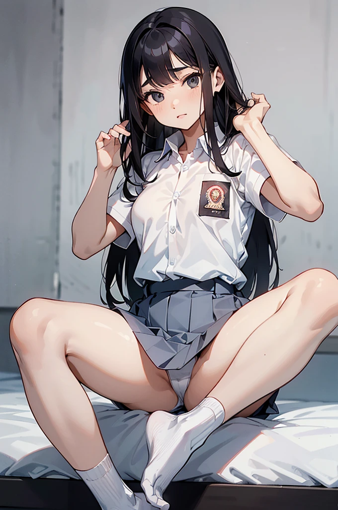 NSFW, 1 woman, , ((long haircut)), black eyes, Indonesian high-school uniform, white shirt, osis logo on shirt pocket, flat breasts, grey pleated skirt, half-shot, innocent look, hands up, sitting, knees up, white panties, spread legs