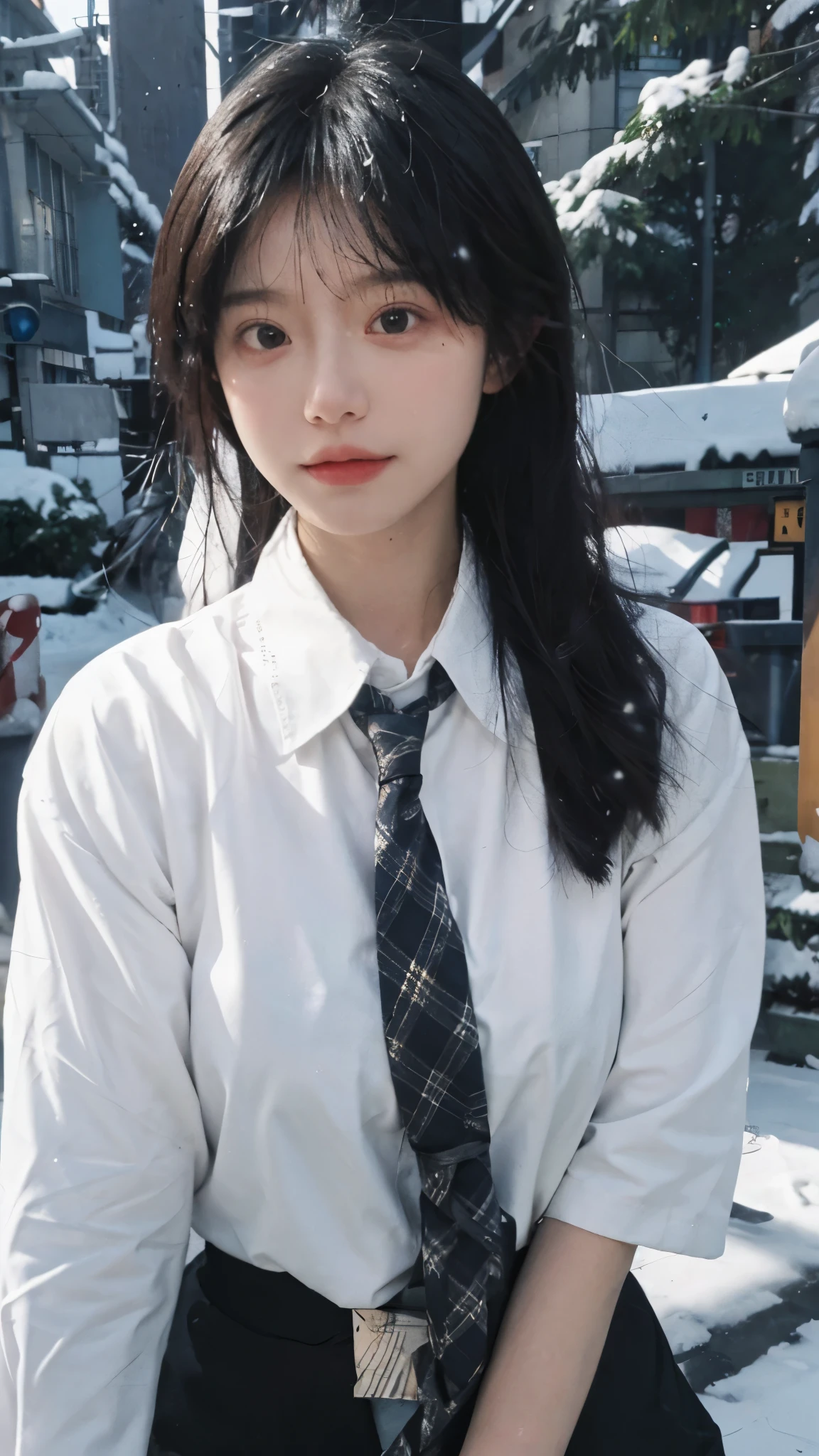 Best quality,masterpiece,Ultra-high resolution,snow,16K,Snow background,(Photo Realism:1.4),1 Girl,JK,Sexy,(Shirt and Tie:1.2),(Big breasts:1.3),(Upper body:1.4)