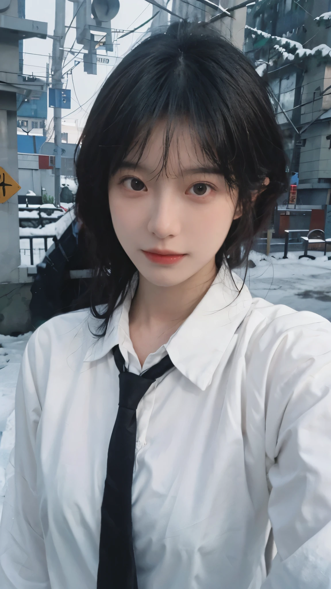 Best quality,masterpiece,Ultra-high resolution,snow,16K,Snow background,(Photo Realism:1.4),1 Girl,JK,Sexy,(Shirt and Tie:1.2),(Big breasts:1.3),(Upper body:1.4)