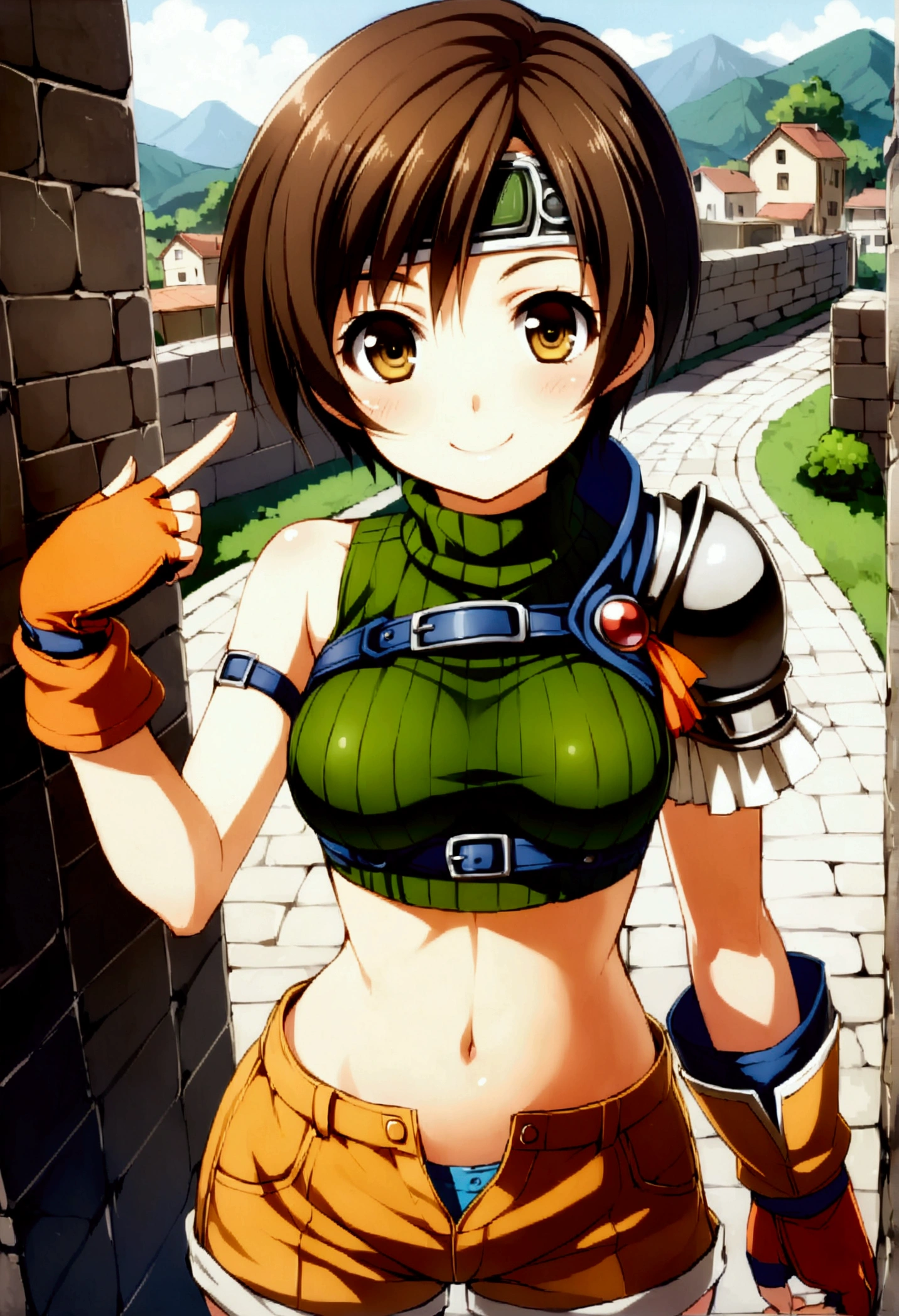 score_9, score_8_up, score_7_up,,BREAK ,source_anime ,from above,front view,front angle,,standing,contrapost,upperbody,,straight-on,Solo,1girl, yuffie kisaragi, final fantasy,,short hair,headband,navel,sleeveless,turtleneck,brown eyes,sleeveless turtleneck,solo,breasts,looking at viewer,smile,gloves,crop top,brown hair,shorts,midriff,sweater,open fly,fingerless gloves,ribbed sweater,medium breasts,,beautiful waist ,,smile,selfie,,daytime,outdoor,ultra detailed,best quality,aesthetic,very aesthetic,(mid:1.2)