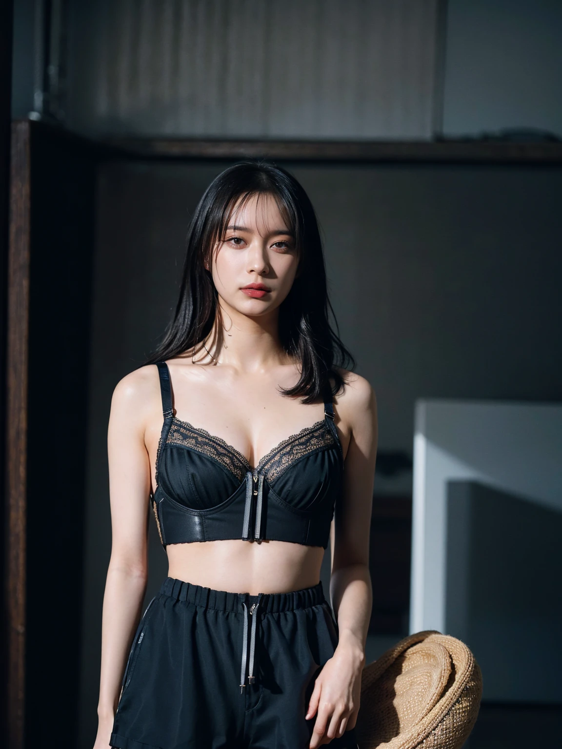black hair, Surrealism, Hyperrealism, bokeh, Sony FE GM, 8k, super detail, retina, masterpiece, accurate, anatomically correct, textured skin, super detail, high quality, high details, award winning, best quality, highres, 16k, (((height 163cm))), (HQ skin:1.4, Realistic human body structure), ((detailed micro strap bra, short pants)), (natural big breast)