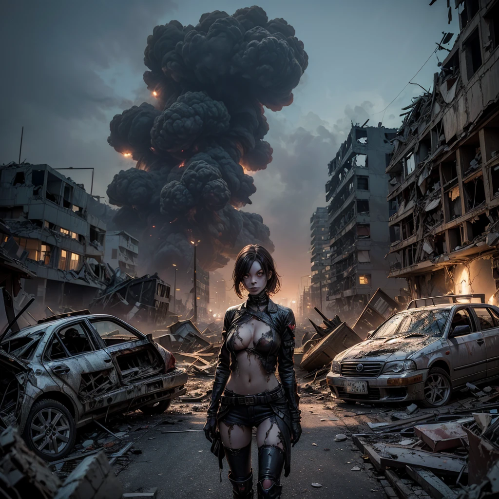 An undead girl wanders among the rubble of a destroyed city, among the rubble you can see some victims and car wrecks, the sky is covered in smoke and radiation