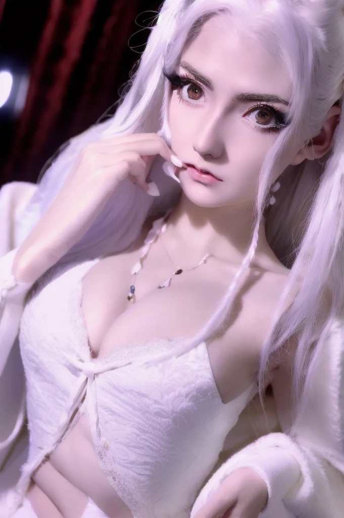 masterpiece, Highest quality, (alone focus), (Perfect Face:1.1), (High detail:1.1),dramatic, 1 person, (Pale skin), Long white hair, White eyes, [Thin eyebrows], alone, Venetian Mask, White luxury suit, Covered navel, Pouting, Covered, Ballroom, Detailed Background, art：artgerm と greg rutkowski,  Cinema Lighting, rose