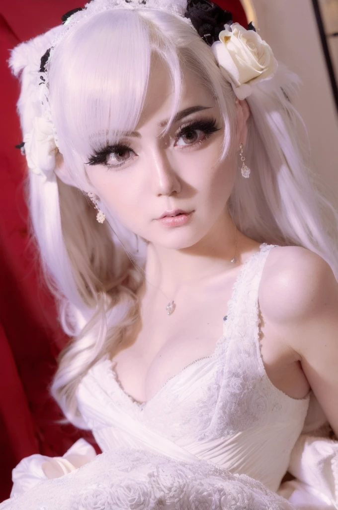 masterpiece, Highest quality, (alone focus), (Perfect Face:1.1), (High detail:1.1),dramatic, 1 person, (Pale skin), Long white hair, White eyes, [Thin eyebrows], alone, Venetian Mask, White luxury suit, Covered navel, Pouting, Covered, Ballroom, Detailed Background, art：artgerm と greg rutkowski,  Cinema Lighting, rose