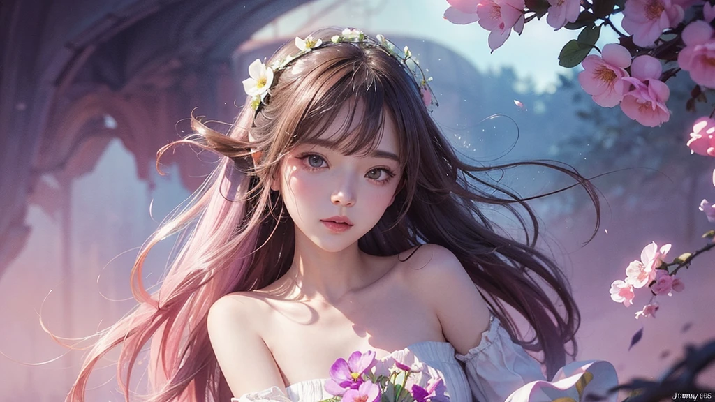 One girl,flower, Lisianthus ,Pale pinkと淡い青のスタイル, A dreamy, romantic piece, Pale pink, Mysterious Leaves, A playful arrangement,Fantasy, High Contrast, Ink strokes, explosion, Exposure, Impression of purple and red tones , Abstract, ((Watercolours by John Berkey and Jeremy Mann )) Brush strokes, Negative Space,