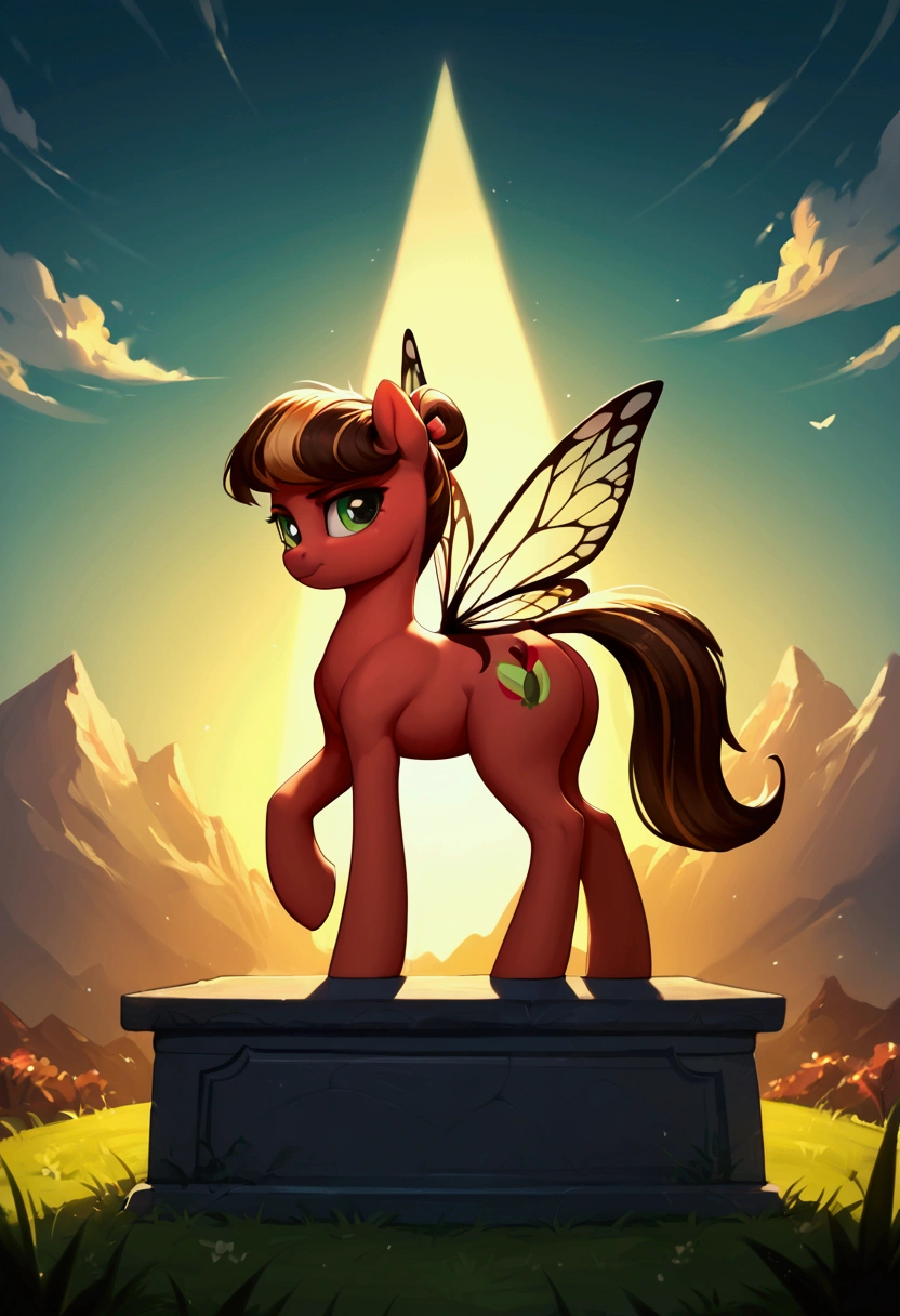 score_9,score_8_up,score_7_up,score_6_up, ((my little pony)), radiant lighting, vibrant colors, whimsical atmosphere, 8K, high resolution, highly detailed, masterpiece, (stern look), big butt, on the tombstone, ((pony body)), (((Marinette Dupain-Cheng from Lady Bug:1.1)))