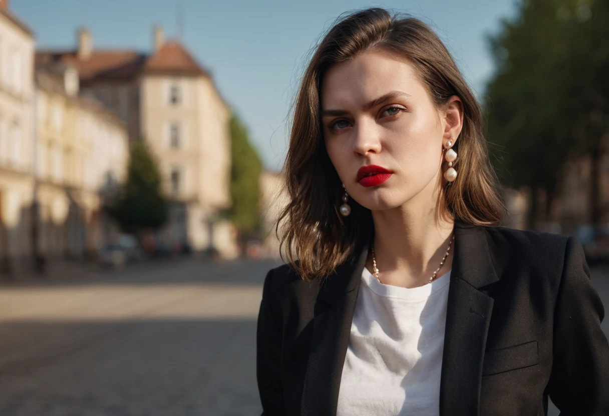 color digital photograph of Lucie Prochazka a woman from czech republic wearing (a black blazer), (a white t-shirt), (black skinny jeans), (black ankle boots), (pearl earrings), (red lipstick), and Slingbacks shoes shot on Nikon Z9 by Denis Karasev, 26 years old, pale skin, (long hair), tiny figure, small breasts, feeling (feeling Hate, Intense, Hostile, Aversion, Anger, Resentment, Disgust, Animosity, Hostility, Loathing, Malice, face: Scowl, Frown, Glare, Narrowed Eyes, Sneer, Lip Curl, Tense Jaw, Raised Eyebrows, Cold Stare, Contempt), at golden hour,full body, masterpiece, natural lighting, (outdoor setting:1.2), warm tones, side lighting, natural skin details, 4k, UHD, masterpiece, detailed eyes, detailed face, detailed skin, perfect hands, perfect feets, photo, high skin detail, moles, imperfect skin, ultra realism, RAW photo, subsurface scattering