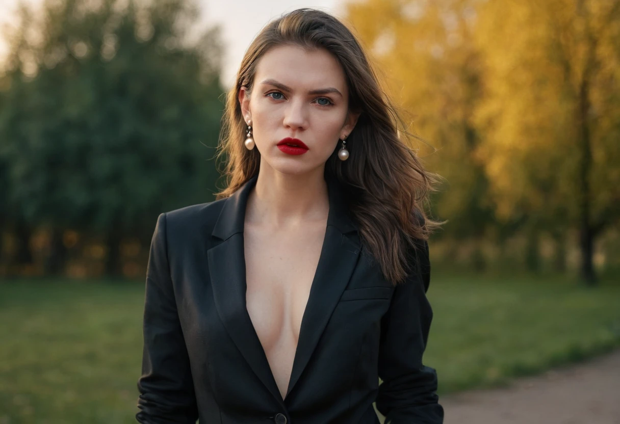 color digital photograph of Lucie Prochazka a woman from czech republic wearing (a black blazer), (a white t-shirt), (black skinny jeans), (black ankle boots), (pearl earrings), (red lipstick), and Slingbacks shoes shot on Nikon Z9 by Denis Karasev, 26 years old, pale skin, (long hair), tiny figure, small breasts, feeling (feeling Hate, Intense, Hostile, Aversion, Anger, Resentment, Disgust, Animosity, Hostility, Loathing, Malice, face: Scowl, Frown, Glare, Narrowed Eyes, Sneer, Lip Curl, Tense Jaw, Raised Eyebrows, Cold Stare, Contempt), at golden hour,full body, masterpiece, natural lighting, (outdoor setting:1.2), warm tones, side lighting, natural skin details, 4k, UHD, masterpiece, detailed eyes, detailed face, detailed skin, perfect hands, perfect feets, photo, high skin detail, moles, imperfect skin, ultra realism, RAW photo, subsurface scattering