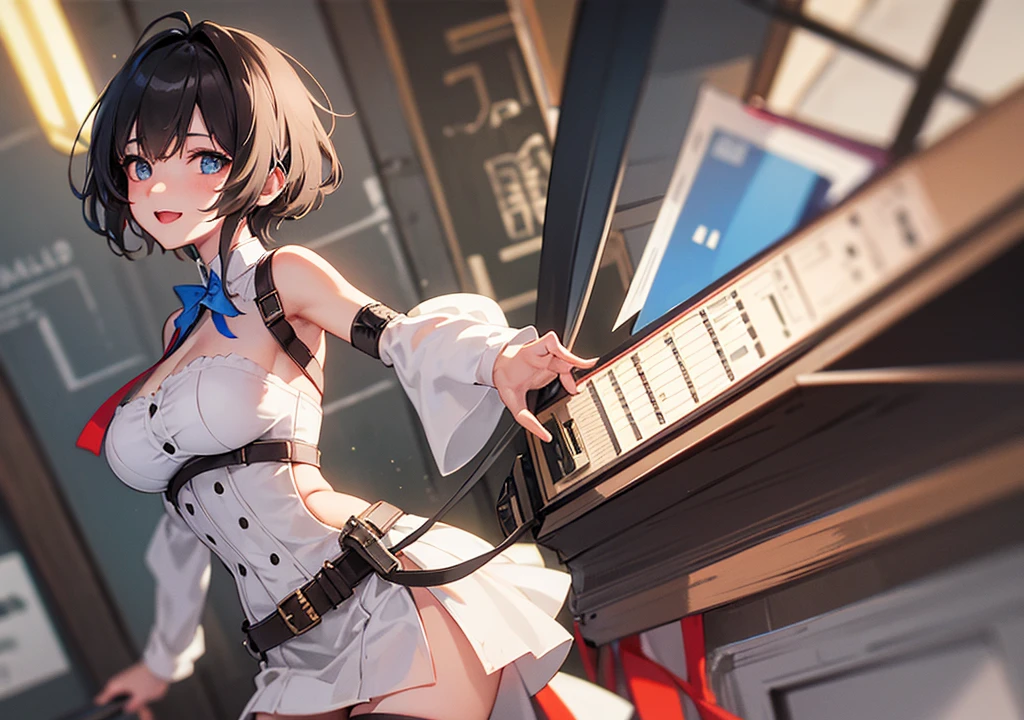Realistic photos, Focus distance 10mm, Red and white, A big smile, Beautiful girl, Realistic photos, Focus distance 10mmで撮影, masterpiece, 最high quality, high quality, Very detailed CG 8k wallpaper unit, Award-winning photography, Bokeh, Depth of written boundary, High resolution, bloom, chromatic aberration, Realistic, Very detailed, Art Station Trends, CGsociety Trends, Complex, High detail, dramatic, Art on the go, volumetric lighting, Final Fantasy style beautiful girl、Blue Eyes、Short black hair、steampunk、Misty blue sky in the background