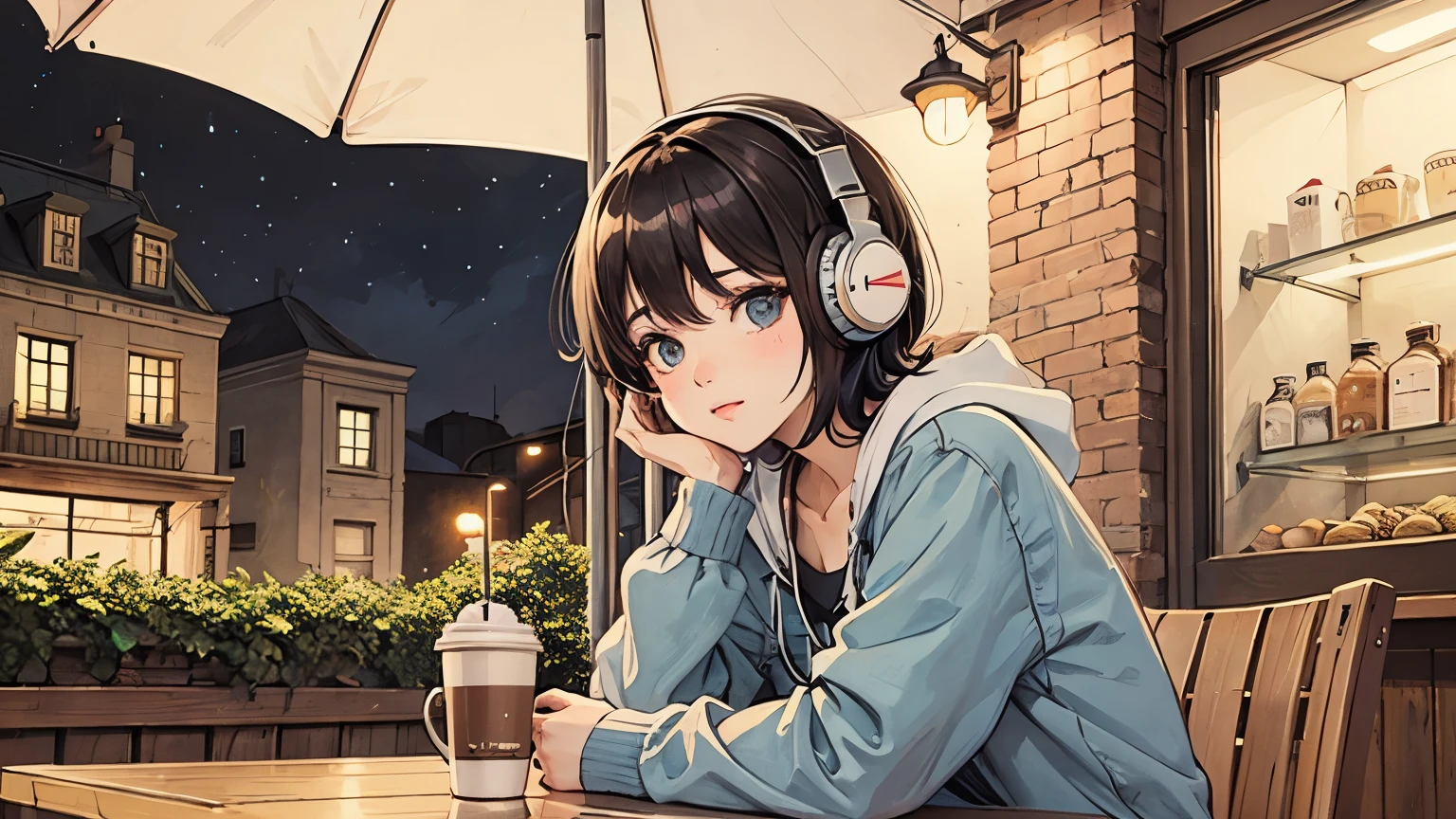 Bob Girl,Wearing headphones,Night Cafe,Cafe latte