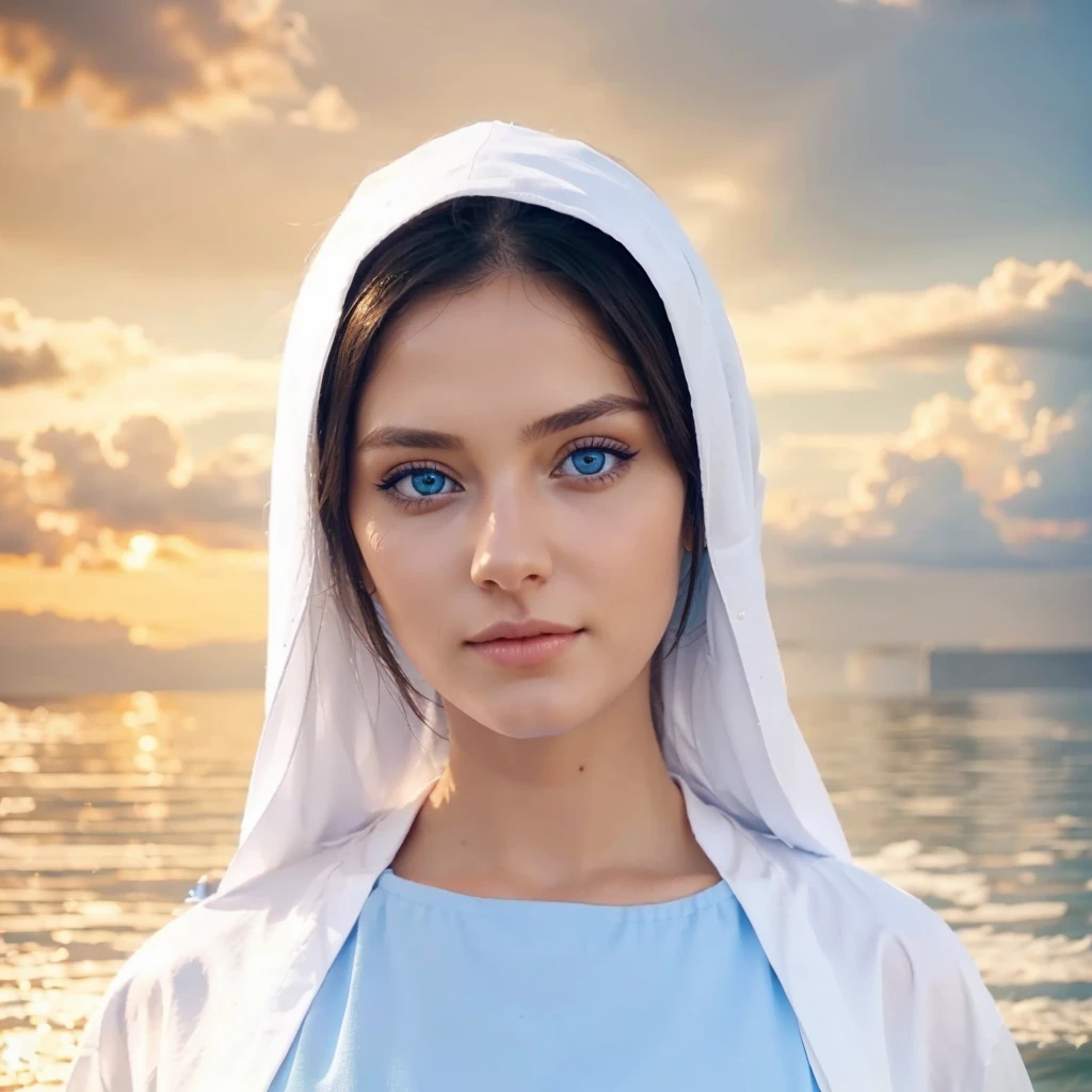 Beautiful woman with light blue eyes realistic details,