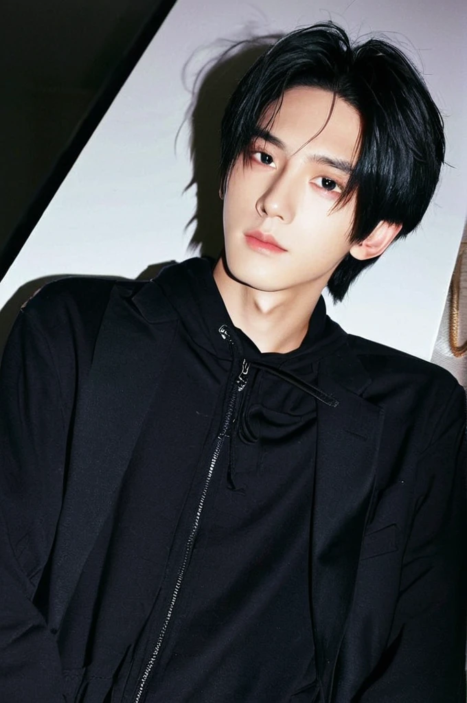 One boy、Young man with black hair(Mash Straight)((Long Hair)),With nape、Male K-Pop Idols、Levi Ackerman、Medium portrait、chop、Beautiful Model、Oval Face、Vivid、Selfie、(In a dark room)、The whole body is shown、((Full body photo))