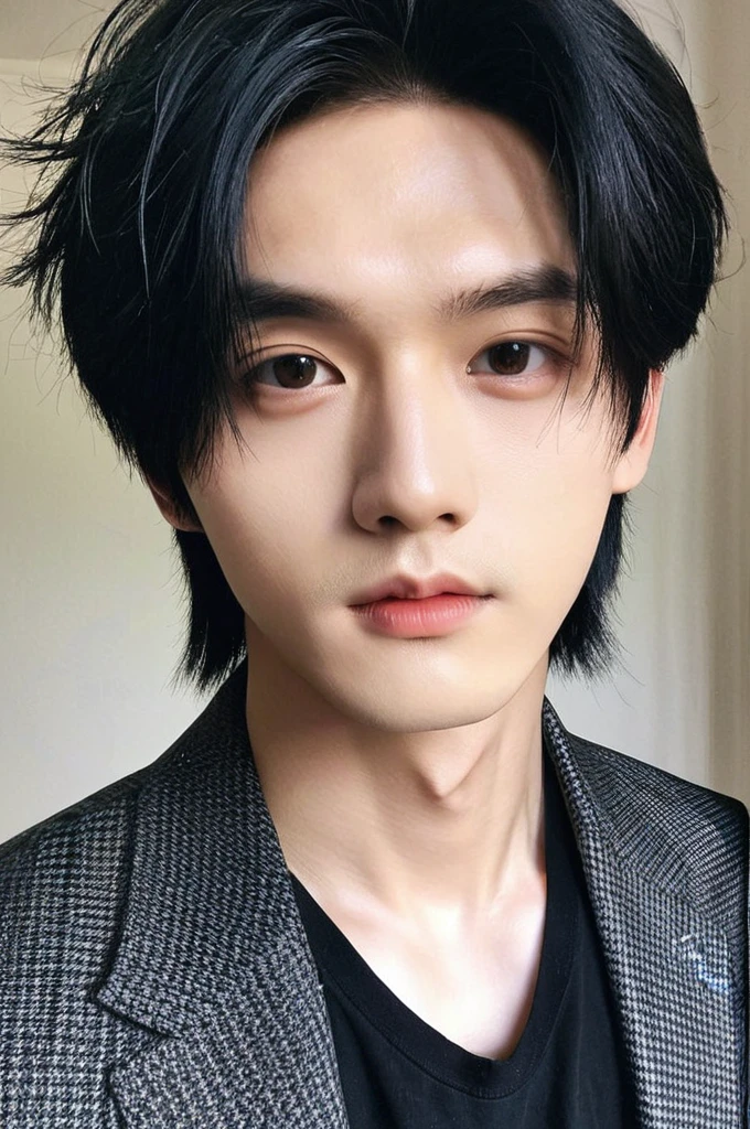 One boy、Young man with black hair(Mash Straight)((Long Hair)),With nape、Male K-Pop Idols、Levi Ackerman、Medium portrait、chop、Beautiful Model、Oval Face、Vivid、Selfie、(In a dark room)、The whole body is shown、((Full body photo))