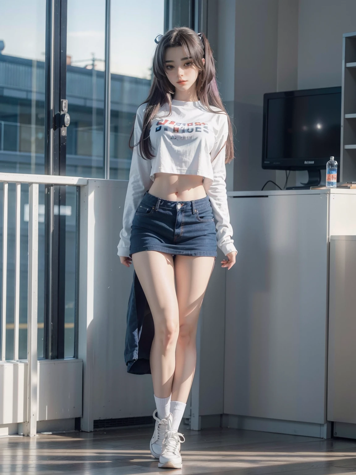 (1 lady), The beautiful, (Best quality at best:1.4), (ultra - detailed), (extremely detailed CG unified 16k), ((masterpiece)), ((best quality)), ((highres)), ((detailed background)), solo, gym woman body, natural lighting, sunset, (ichinose kotomi, amazingly attractive, perfect body), clannad uniform, blue skirt, black socks, hair ornaments, RAW UHD 8k photography, tarankaaa, not Dasha Taran, 1girl blueish purple hair, library background, hyper realistic, realistic cinematic face, head to feet long wide zoomed out view, full body long view, photorealistic, gorgeous, extremely beautiful face, perfect model beauty, (amazing legs, strong legs, athletic legs), combat boots, clear and well-cared skin