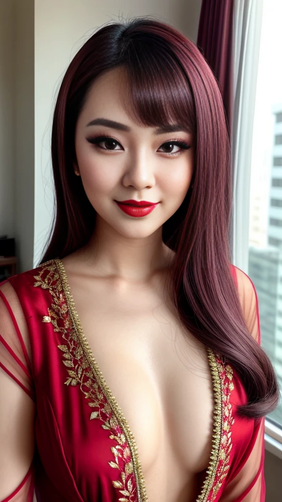 instagram photo, closeup face photo of 23 y.o Chloe in kebaya, Red Lipstick, sensual Lipstick, Sensational Make Up, cleavage, pale skin, (smile:0.4), hard shadows, anime outfit