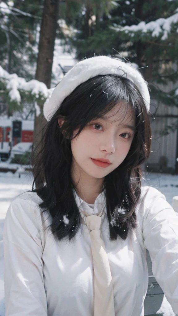 Best quality,masterpiece,Ultra-high resolution,snow,16K,Snow background,(Photo Realism:1.4),1 Girl,JK,Sexy,(Shirt and Tie:1.2),(Big breasts:1.3),(Upper body:1.4)