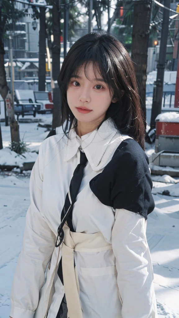 Best quality,masterpiece,Ultra-high resolution,snow,16K,Snow background,(Photo Realism:1.4),1 Girl,JK,Sexy,(Shirt and Tie:1.2),(Big breasts:1.3),(Upper body:1.4)