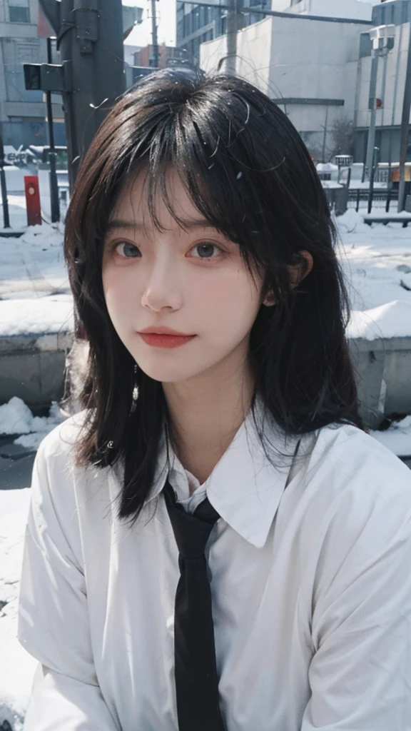 Best quality，masterpiece，Ultra-high resolution，snow，16K,Snow background，（Photo Realism：1.4),1 Girl，JK，Sexy，（Shirt and Tie：1.2),（Big breasts：1.3),（Upper body：1.4)