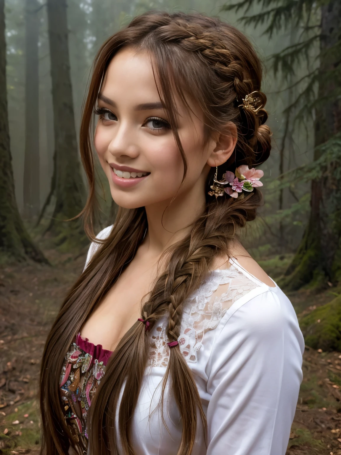 best quality,masterpiece, 1 girl, solo, MODELSHOOT, amazing, Alina, (((portait))), anthlers, look at users, smile, blush, hairpin,(( braid)), hair ornaments, ((hairclip)), in a foggy forest.