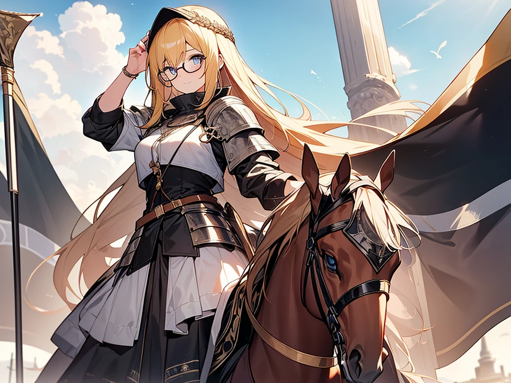 best quality, Masterpiece, Highly detailed, symmetrical eyes., girl, พื้นหลังที่Highly detailed, is gaining popularity (art station:1.46), movie light, studio quality, 8k resolution, long yellow hair,Wear glasses,Joan of Arc,Put on knight armor,holding a flag,strong