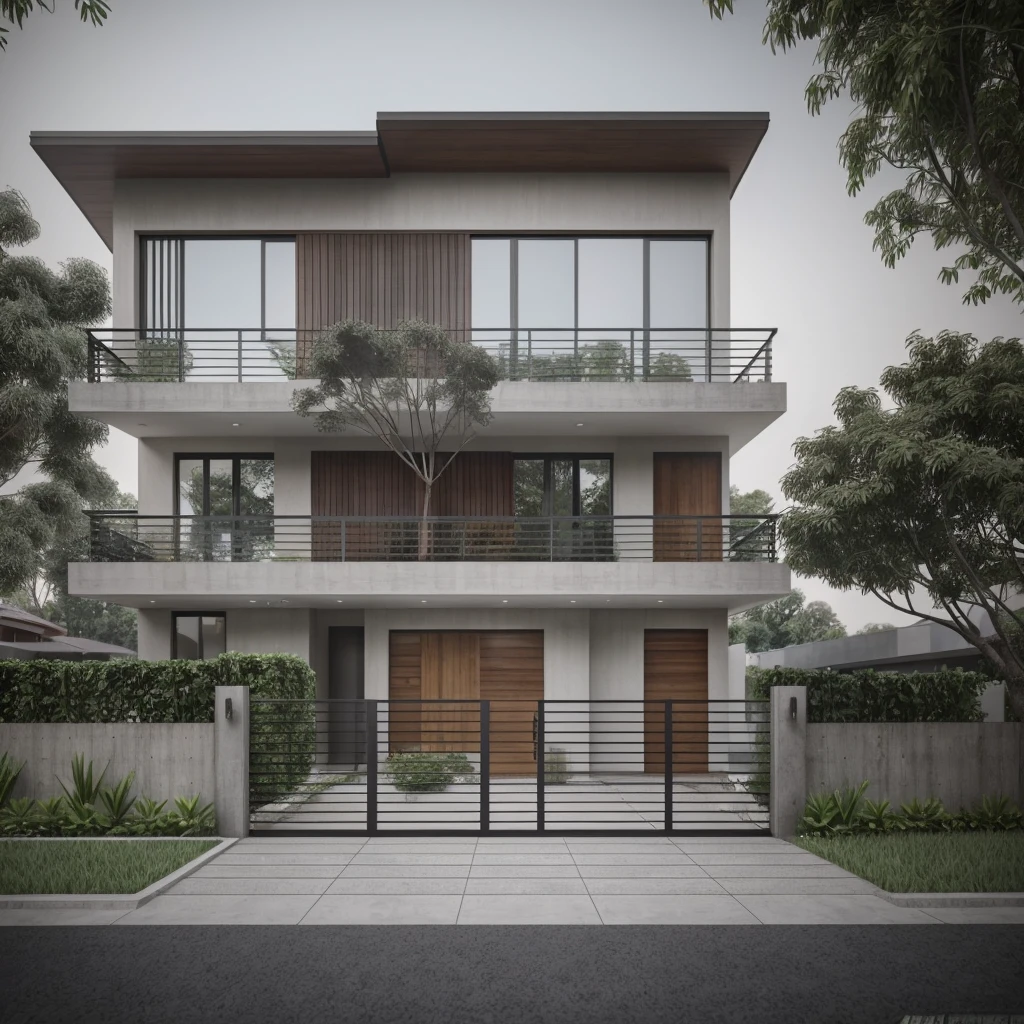 exterior of house, modern, townhouse, Modern house gate, minimalistic, the house is located in an urban area of Hanoi Vietnam, wall concrete gray and wood, facing the road, plant and tree, sidewalks, sidewalk trees, corona render, 3ds max, wide view, overcast sky, a moody foggy environment, sunny cinematic, natural light