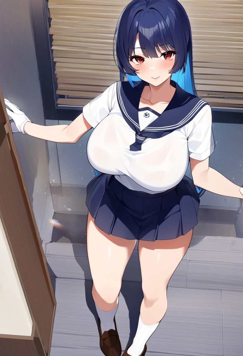 My name is Yukiko.I am a white test woman with long light blue hair,red eye color.I am 1.62 cm tall . My breasts measure 200 cm, my waist 40 cm and my hips 200 cm. Dressed in a white short-sleeved sailor uniform shirt and a navy blue miniskirt. With big breasts 200 cm