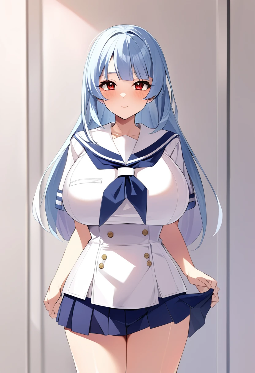 My name is Yukiko.I am a white test woman with long light blue hair,red eye color.I am 1.62 cm tall . My breasts measure 200 cm, my waist 40 cm and my hips 200 cm. Dressed in a white short-sleeved sailor uniform shirt and a navy blue miniskirt. With big breasts 200 cm