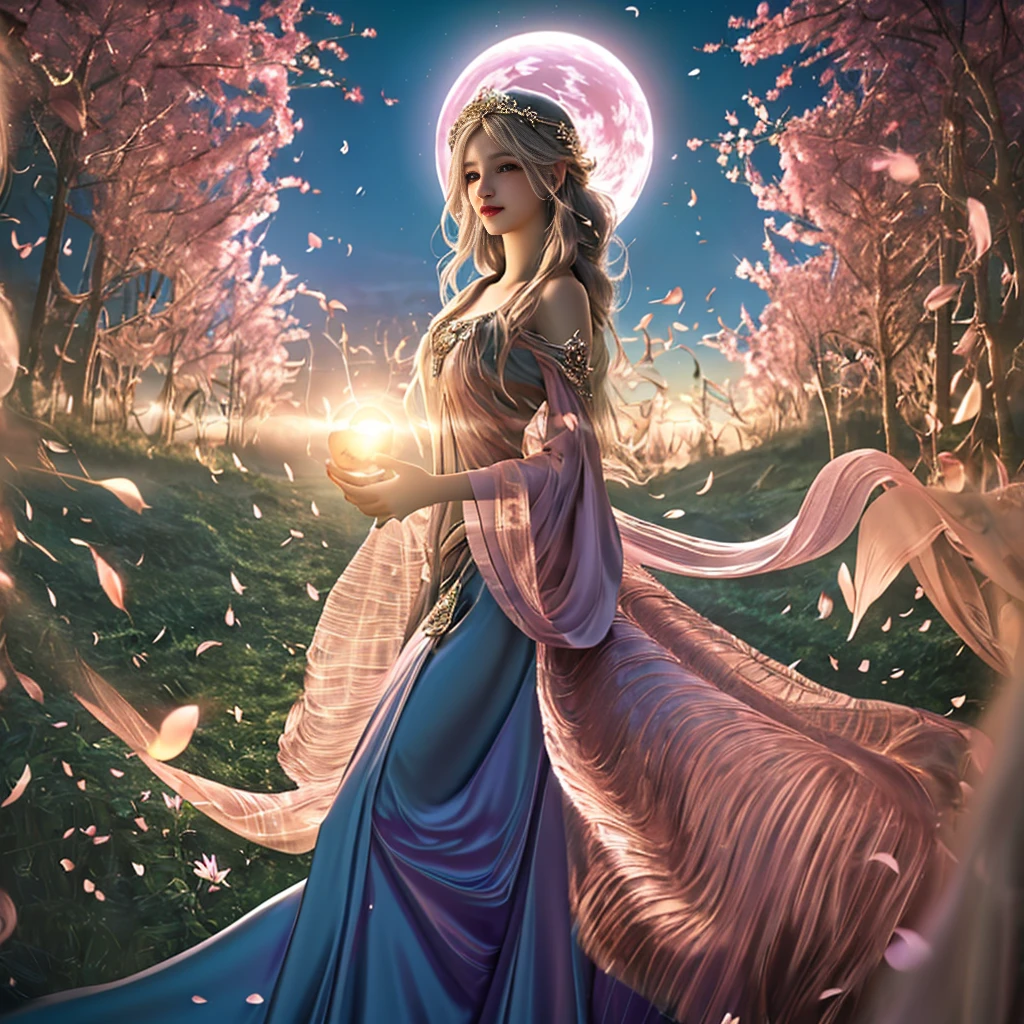a girl, 28 anos, alto, She's like a fairy in the mortal world, elegante e temperamental. Her clothes were made of silk and dyed a soft pink color to match the glow of the sky. The dress has intricate embroidery of flowers and birds, mostrando seu gosto elegante e identidade nobre. The hem of her skirt reached down to her ankles, revealing her slender feet in embroidered shoes. Ela tinha um penteado de jade preso em seus longos cabelos pretos, that flowed behind her as she ran. His face was delicate and flawless, His eyes were bright and his lips were pink. Ela sorriu e apreciou a liberdade e a beleza da natureza. The fields are covered with green grass and colorful wildflowers, swaying in the gentle breeze. Ela correu entre eles, tocando-os com os dedos finos. The sun is setting behind the mountain, casting a warm light on the scene. Ela parece uma pintura, um sonho, um poema. She is the epitome of beauty and elegance.